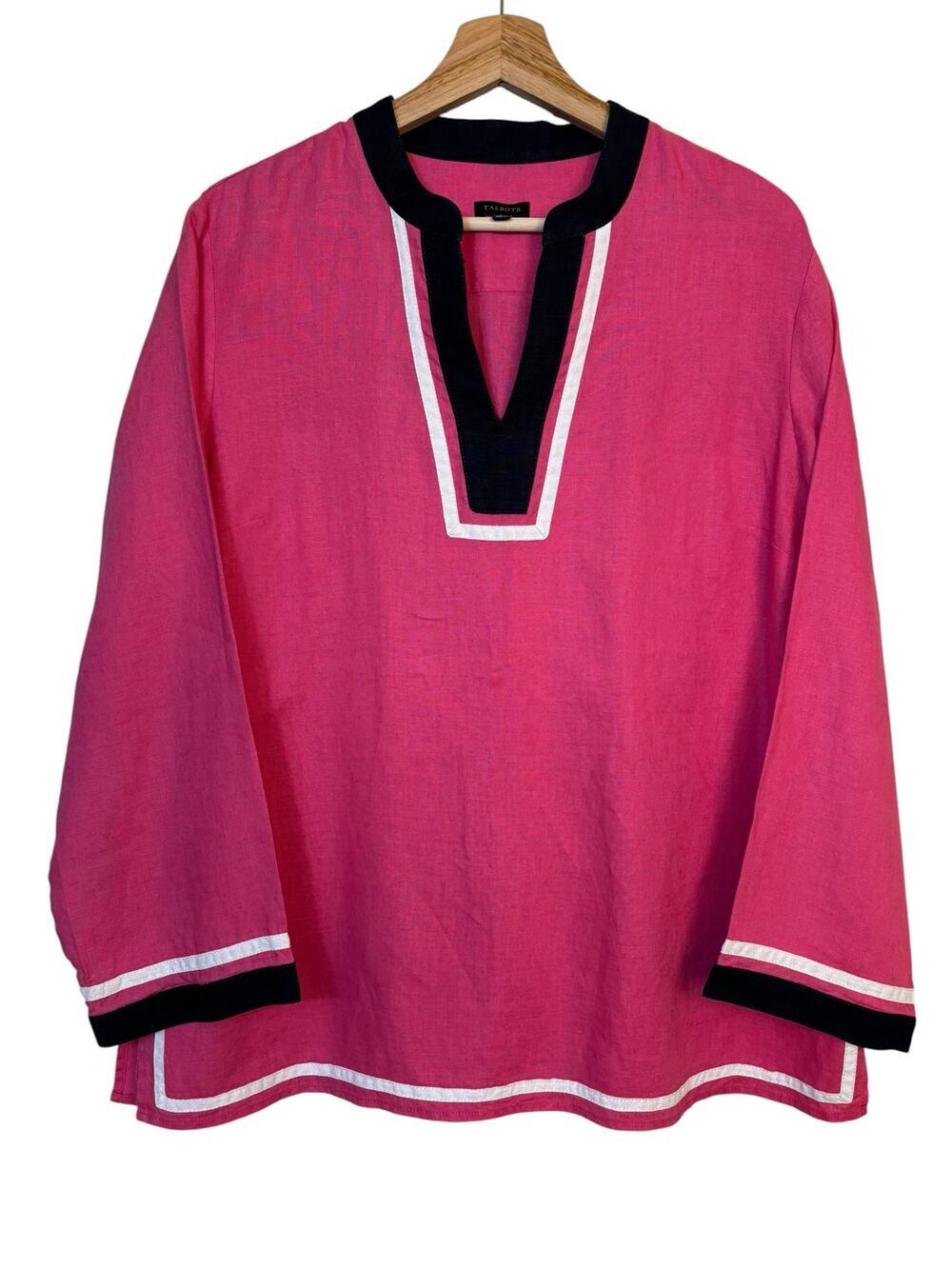 Talbots 100% Linen Tunic Top Large Pink Contrast Trim Coastal Resort Vacation